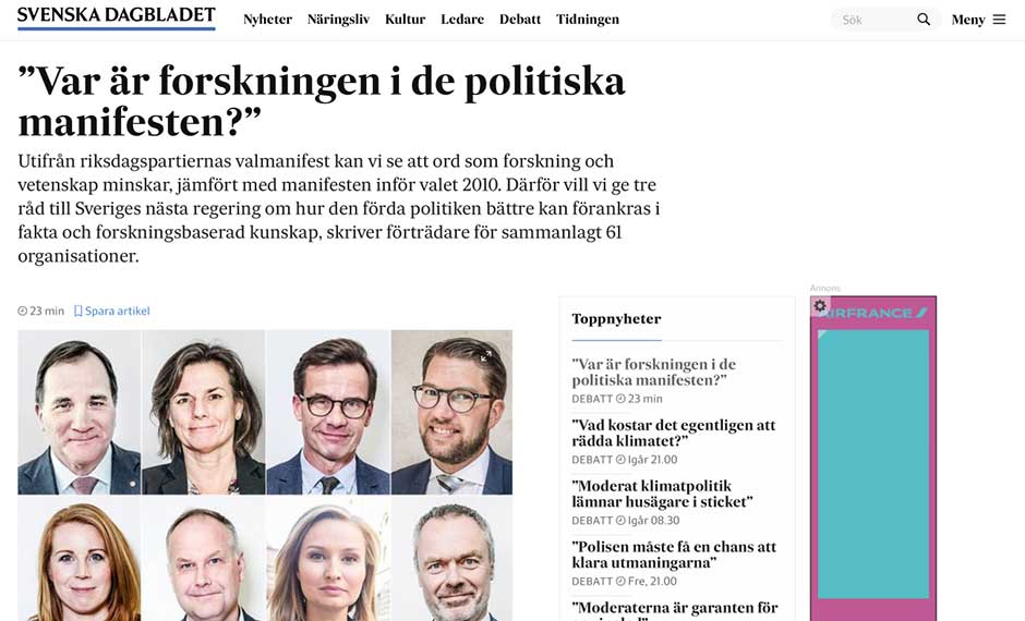 Screen shot of the debate article published by Svenska Dagbladet